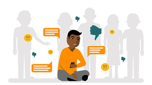 Guhit ng taong napapaligiran ng mga negatibong emoji