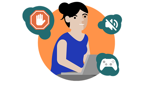 Guhit ng tao na gumagamit ng laptop, napapaligiran ng mga simbolo