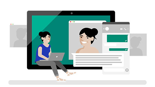 Guhit ng babaeng nakaupo sa screen, nagpapadala ng mga mensahe