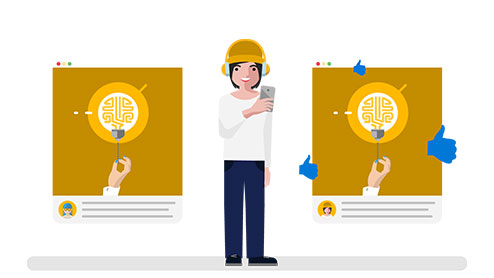 Guhit ng babaeng may hawak na mobile device, nakatayo sa pagitan ng dalawang screen