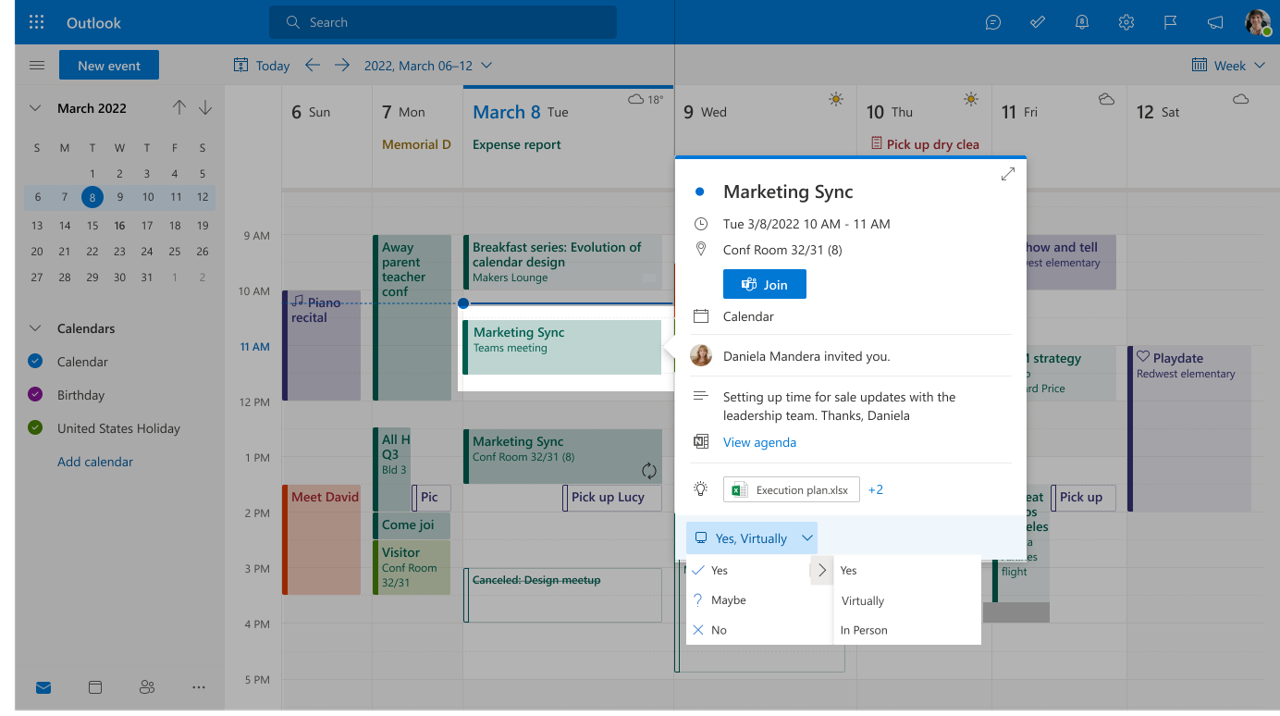 Aktualizujeme aplikaci Outlook tak, aby vám umožňovala potvrzovat schůzky a uvádět, jestli se plánujete připojit osobně, nebo virtuálně.