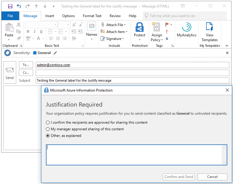 Snímek obrazovky se službou Microsoft Azure Information Protection vyžadující odůvodnění žádosti o klasifikovaný e-mail