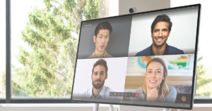 Image of teammates connecting on a Surface Hub.