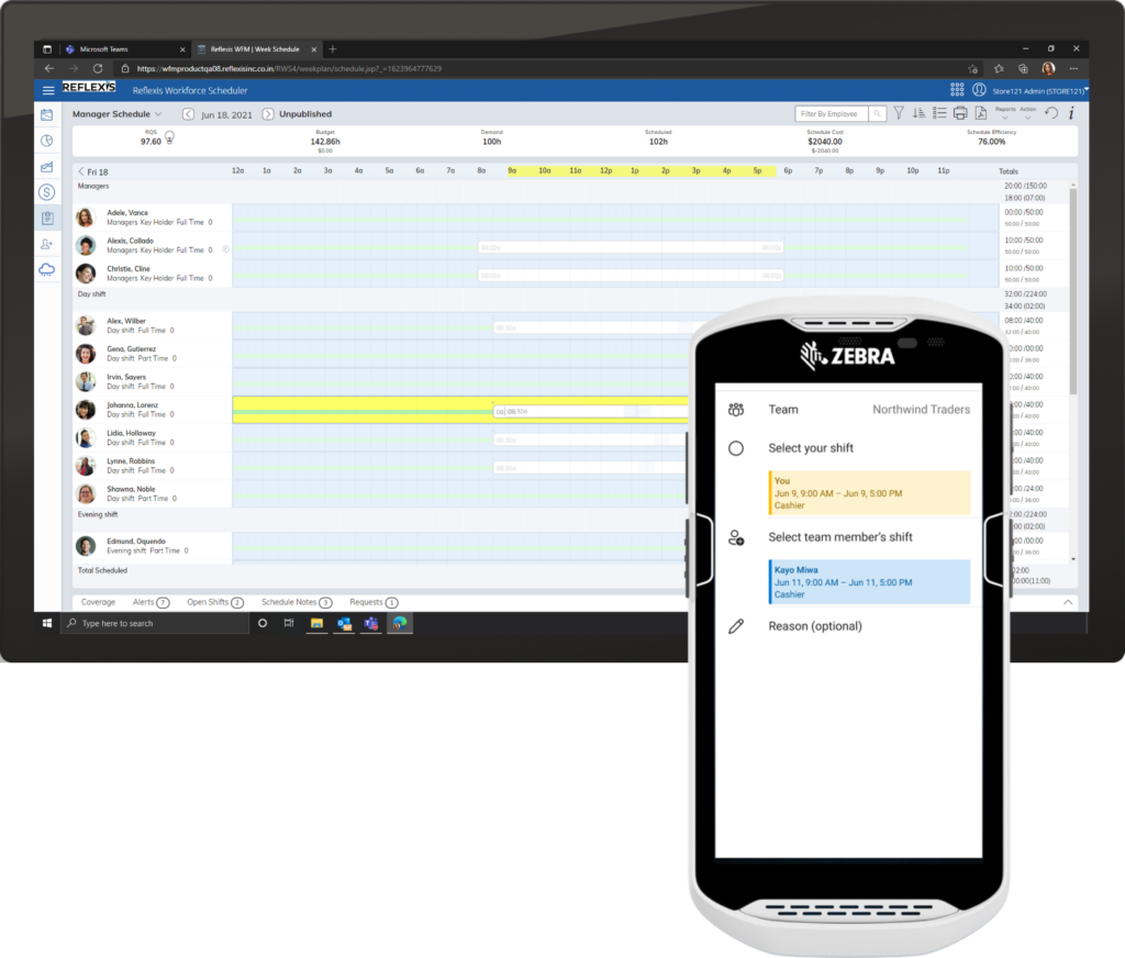 Ein Tabletbildschirm mit dem Zebra Reflexis Workforce Management-System und ein Zebra-Mobilgerät mit der Schichten-App in Teams. Auf beiden Geräten werden identische Informationen zum Tauschen von Schichten angezeigt. 