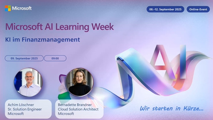 Ankündigungsbanner für die Microsoft AI Learning Week: KI im Finanzmanagement mit den Sprechern Achim Löschner und Bernadette Brandner