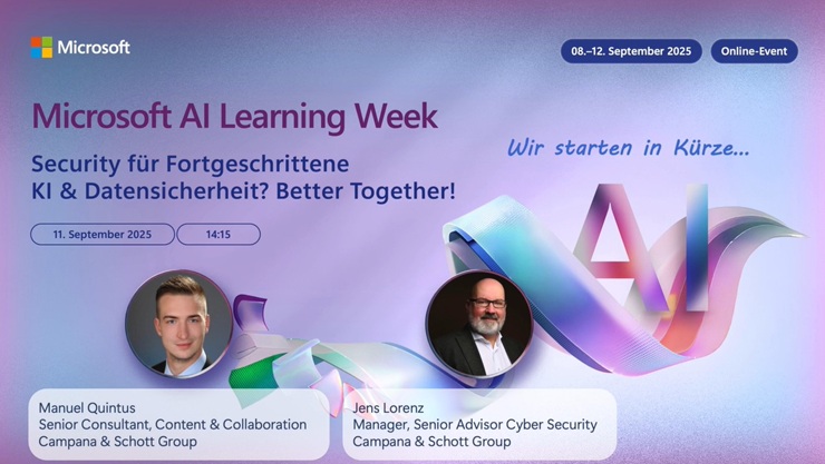 Microsoft AI Learning Week: Security für Fortgeschrittene mit Manuel Quintus und Jens Lorenz zum Thema KI & Datensicherheit.