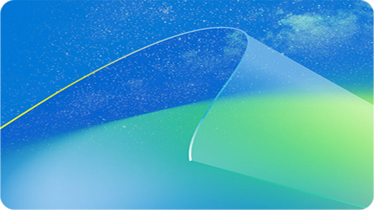 Abstraktes Design mit Farbverläufen von Blau zu Grün und einem transparenten, gewölbten Element.