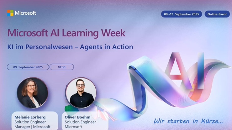 Banner für die Microsoft AI Learning Week: KI im Personalwesen. Die Sprecher sind Melanie Lorberg und Oliver Boehm.