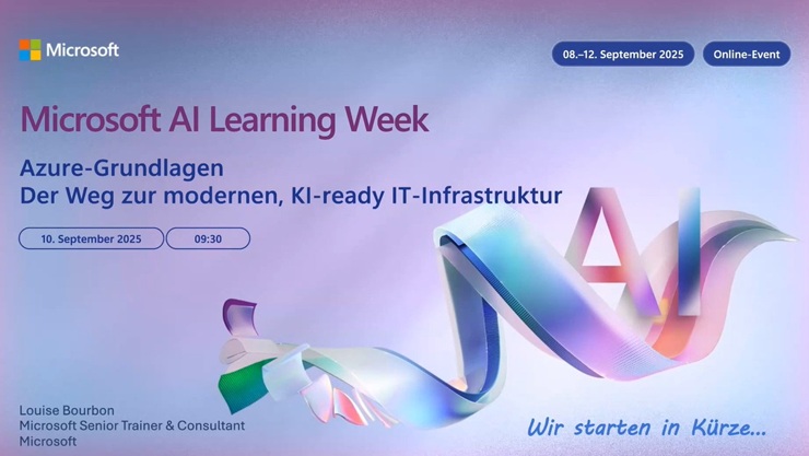 Banner der Microsoft AI Learning Week zu Azure-Grundlagen: Der Weg zur modernen, KI-ready IT-Infrastruktur mit Louise Bourbon.