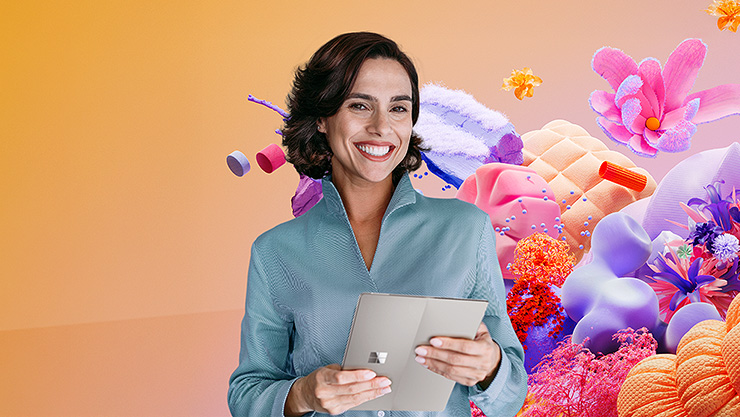 Eine lächelnde Frau hält ein Tablet. Im Hintergrund ein farbenfrohes, abstraktes Design mit floralen Elementen.