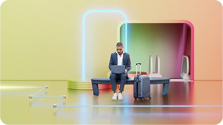 Geschäftsmann mit Laptop und Koffer in einem neonbeleuchteten, futuristischen Reisezentrum.