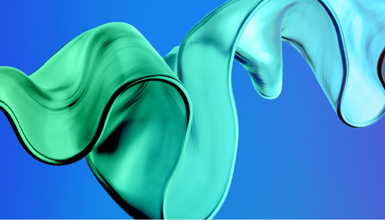 Eine abstrakte, glänzende und gewellte Form in Grün- und Blautönen vor einem blauen und violetten Farbverlauf.