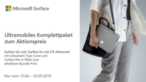 Ein zweigeteiltes Bild. Links die Beschrftung: "Ultramobiles Komlpettpaket zum Aktionspreis", rechts eine Dame mit einem Laptop unter dem Arm.