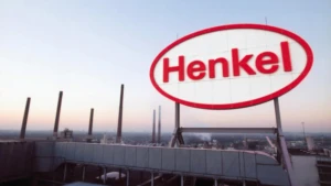 Auf dem Bild ist ein großes Schild vor einer Industriekulisse zu sehen, dass das Henkel Logo zeigt.