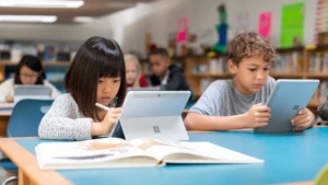 Auf dem Bild ist eine Schulklasse zu sehen. Alle Schüler arbeiten mit einem Surface-Gerät.