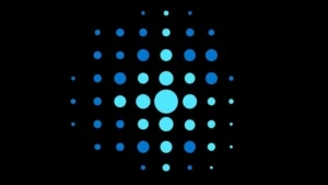 Schwarzer Hintergrund mit kreisförmig angerdneten Punkten in verschiedenen Blautönen