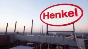 Das Logo der Firma Henkel auf einem Industriegebäude