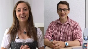 Ein zweigeteiltes Bild, links eine Frau im Dirndl, rechts ein Mann in einem rot-weiß-kariertem Hemd