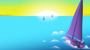 Illustration eines violetten Segelbootes auf einem blauen Meer.