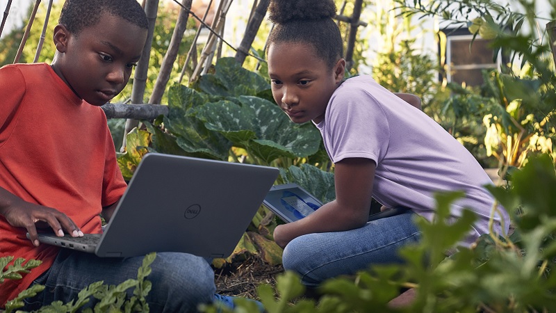 Zwei Kinder sitzen in einem Gemüsegarten