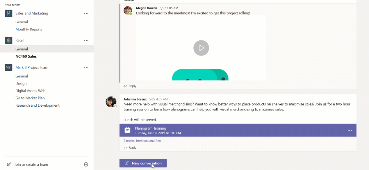 Animierter Screenshot der Funktion "Ankündigungen" in Microsoft Teams. Eine neue Kollegin wird im Team begrüßt.