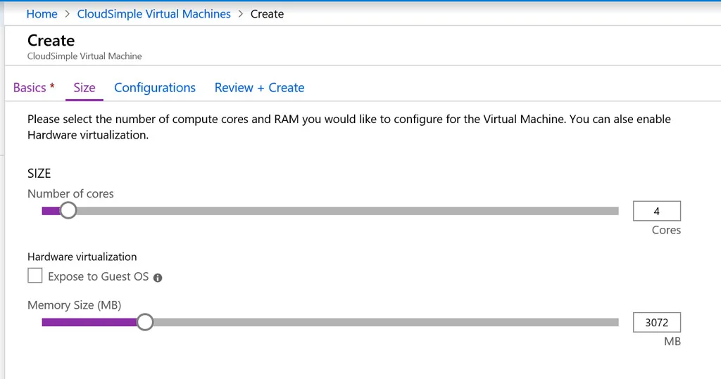 VM-Größe: Zahl der Cores und die Memory-Größe individuell einstellen