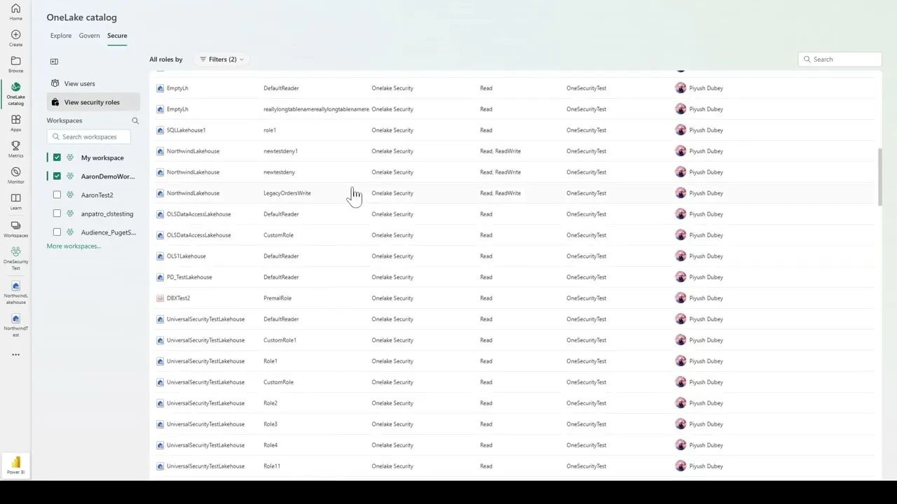 Screenshot Video: Secure Tab im OneLake Catalog