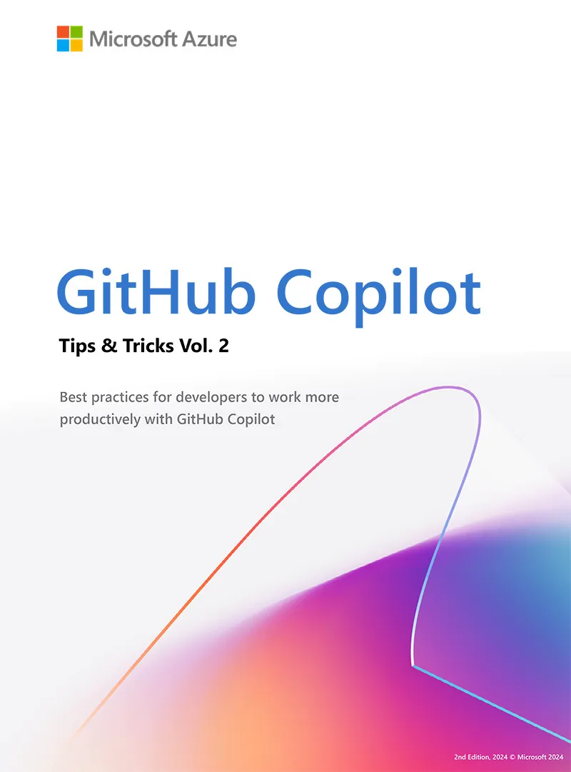 Coverbild des E-Books „GitHub Copilot: Tipps & Tricks Vol.2“. Neben dem Titel zeigt das Cover den Schriftzug „Best practices for developers to work more productively with GitHub Copilot“