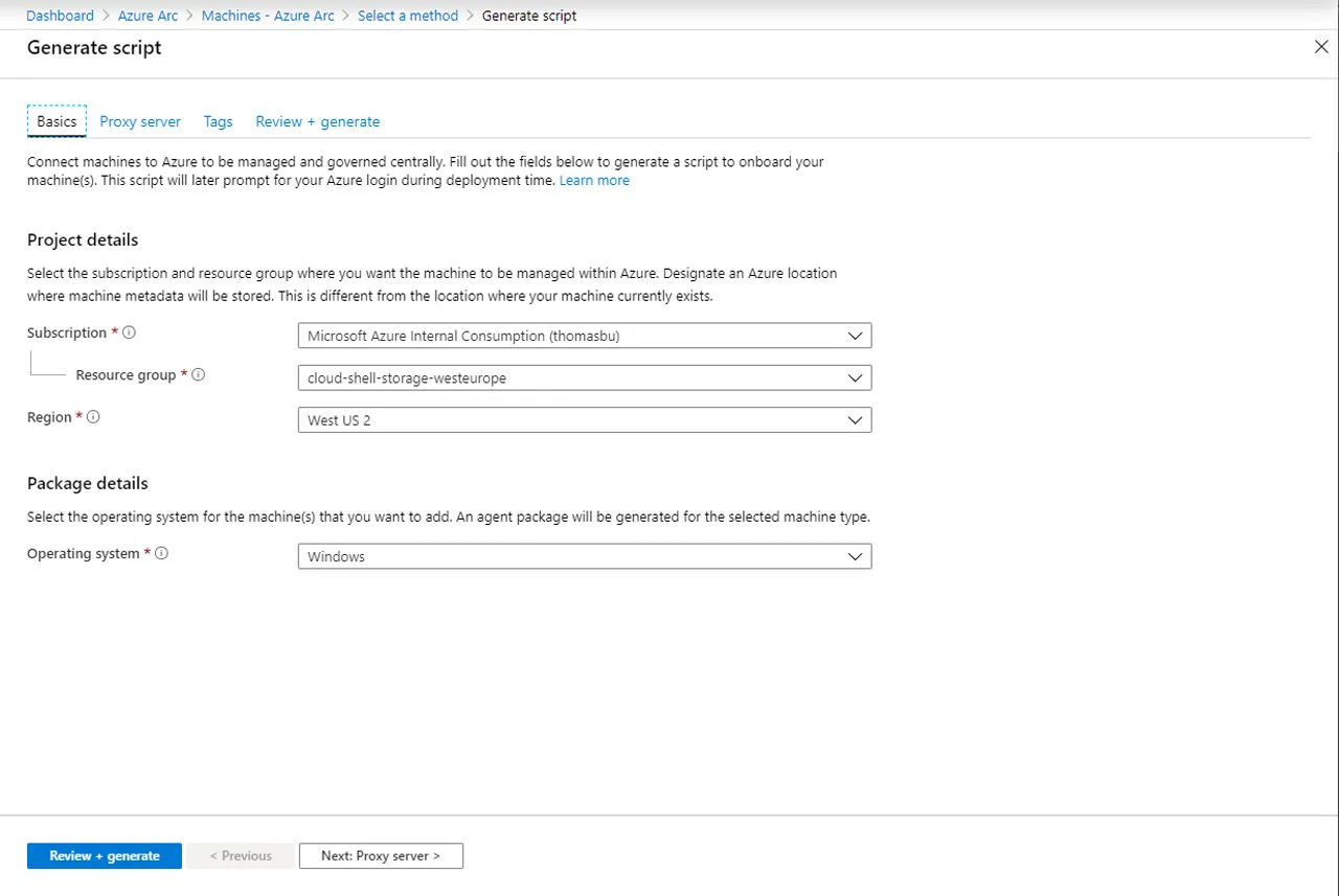 Auswahl der Subscription, der Ressource Group, der Region und Windows oder Linux Systemen