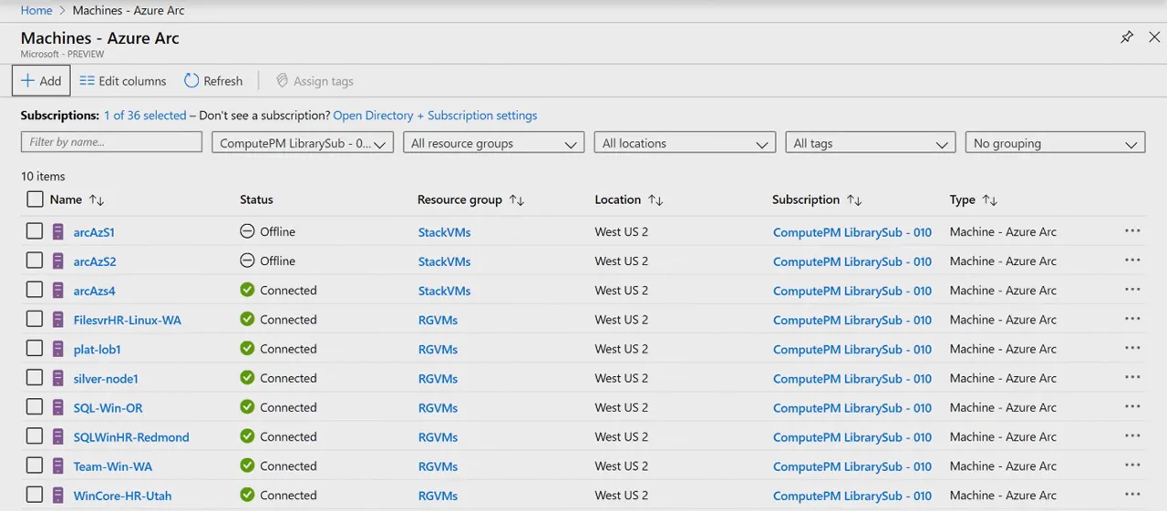 Nach dem erfolgreichen Onboarding sind die VMs unter Azure Arc sichtbar