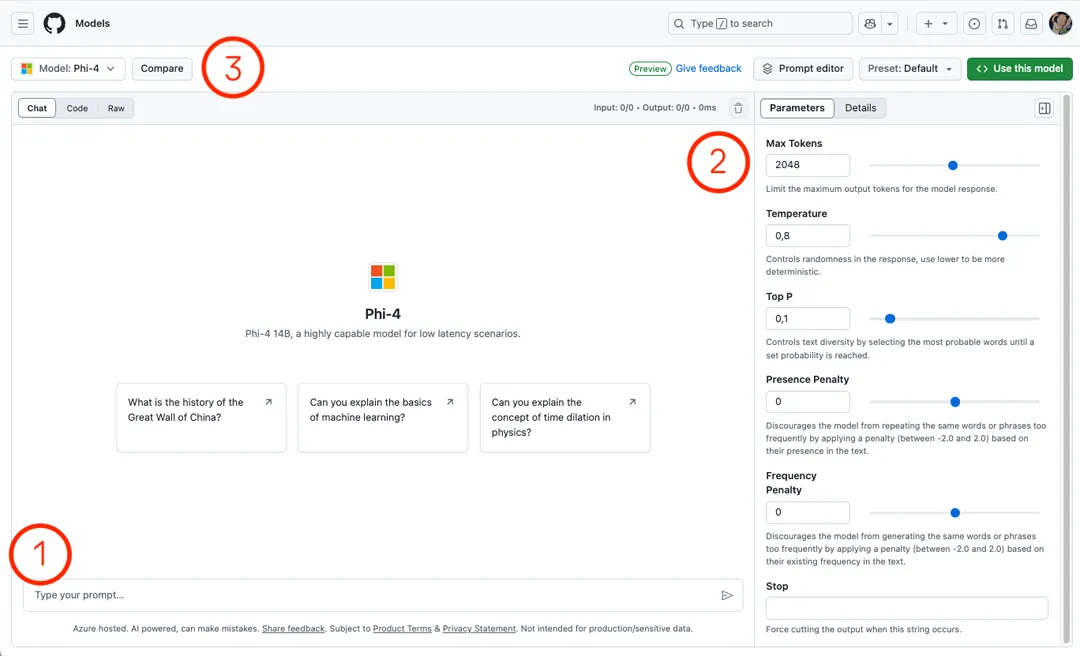 Das Bild zeigt die Benutzeroberfläche eines Modells namens "Phi-4" im Bereich GitHub Models. Die Benutzeroberfläche umfasst mehrere Abschnitte: Unten links befindet sich ein Text-Eingabefeld mit der Beschriftung "Type your prompt...". Auf der rechten Seite gibt es Einstellungen zur Anpassung verschiedener Parameter des Modells. Oben links gibt es Registerkarten mit den Beschriftungen "Models", "Phi-4", und "Compare". In der Mitte des Bildschirms befindet sich ein Logo mit dem Text: "Phi-4 Phi-4, a highly capable model for low latency scenarios."