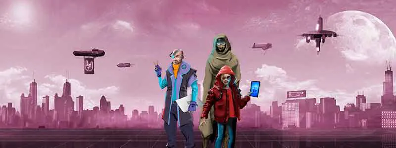 Drei Cyberpunks vor einer futuristischen Stadt