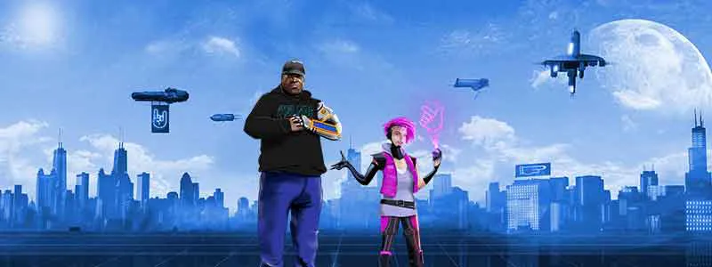 Zwei Cyberpunks vor einer futuristischen Stadt