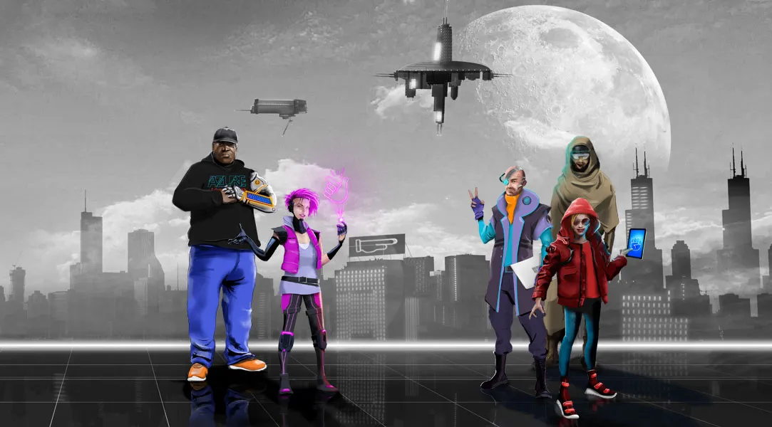 Vier Cyberpunks stehen vor einer futuristischen Stadt.