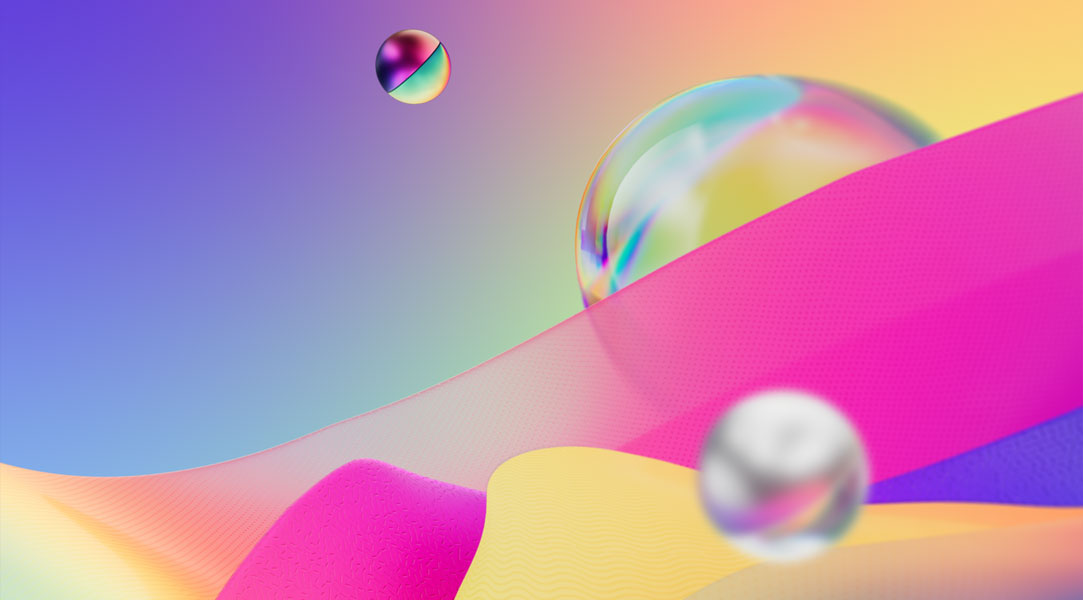 Geschweifte stoffliche farbige Flächen mit transparenten Blasen davor und dahinter.