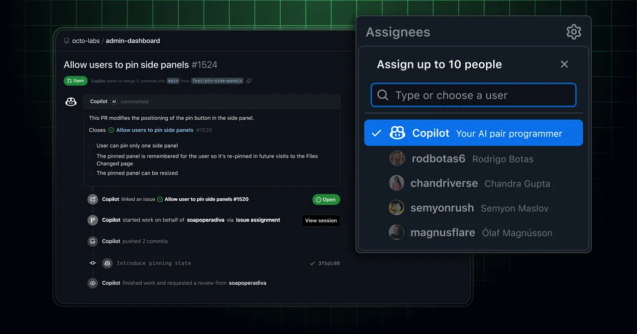 Die Grafik zeigt das Benutzerinterface eines Admin-Dashboards von „octo-labs“ mit einer offenen Feature-Anfrage mit dem Titel „Allow users to pin side panels #1524“. Die Anfrage enthält Kommentare von Copilot, einem KI-Pair-Programmierer, der beschreibt, dass Nutzer nun ein Seitenpanel anheften können, das auch bei späteren Besuchen erhalten bleibt und in der Größe veränderbar ist. Rechts im Bild befindet sich ein Bereich „Assignees“, in dem bis zu zehn Personen Aufgaben zugewiesen werden können.