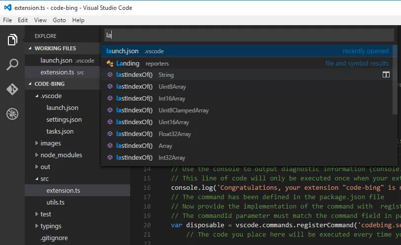 Abbildung 4: Kommandozeile im Navigations-Modus. Neben Dateien werden auch gefundene Symbole gelistet.