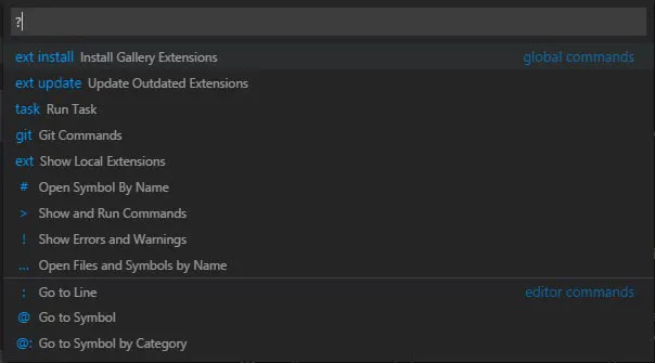 Abbildung 5: Die Eingabe von „?“ zeigt eine Liste mit allen unterstützten Modi der Kommando-Palette an.