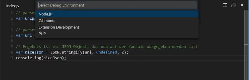 Abbildung 5: Beim ersten Start muss eine Debug Umgebung gewählt werden. Abbildung 5: Beim ersten Start muss eine Debug Umgebung gewählt werden.