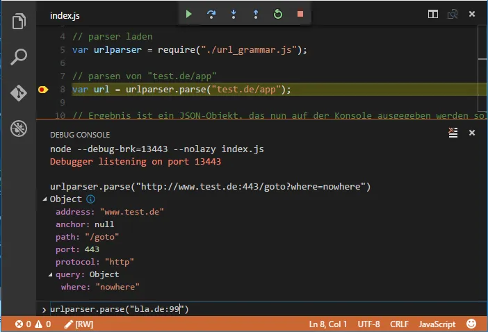 Abbildung 8: Evaluierung von Ausdrücken in der Debug Konsole. Abbildung 8: Evaluierung von Ausdrücken in der Debug Konsole.