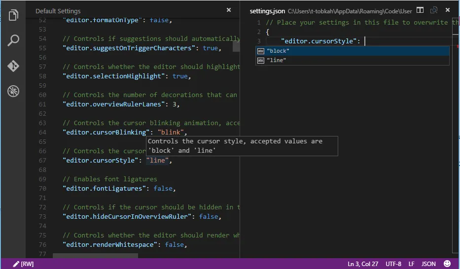 Benutzereinstellungen: Rechts wird die Datei mit den momentanen Benutzereinstellungen angezeigt und links sind die Standardeinstellungen zu sehen.