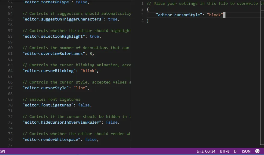 Benutzereinstellungen: Rechts wird die Datei mit der geänderten Benutzereinstellungen angezeigt und links die Standardeinstellungen.