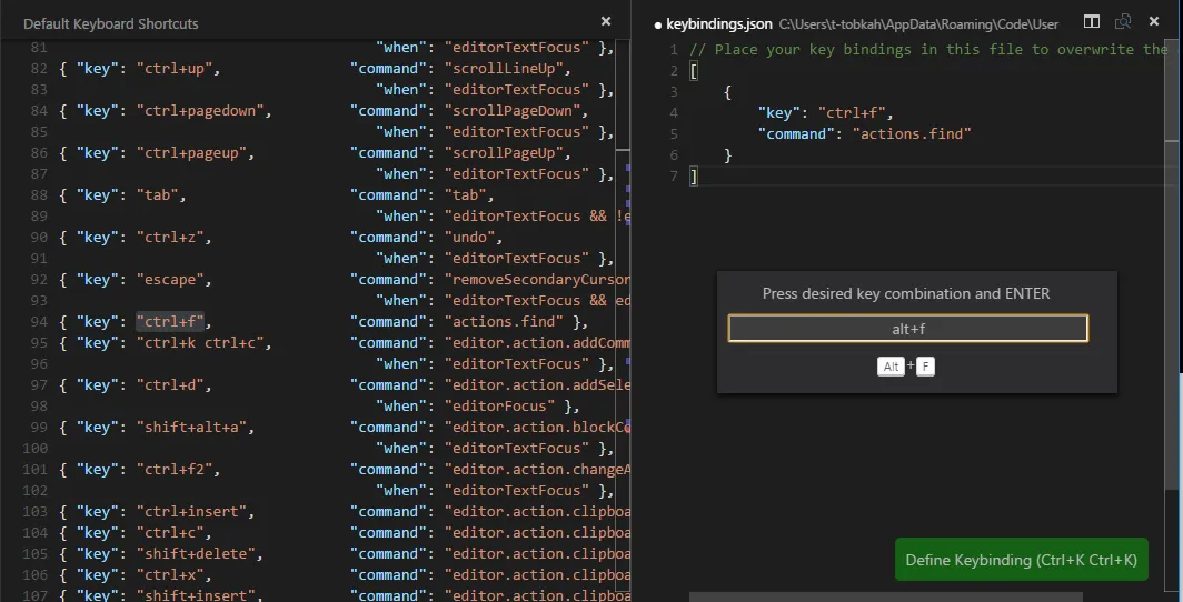 Konfiguration von Tastatur-Shortcuts. Über das Kommando Preferences: Open Keyboard Shortcuts lässt diese sich öffnen.