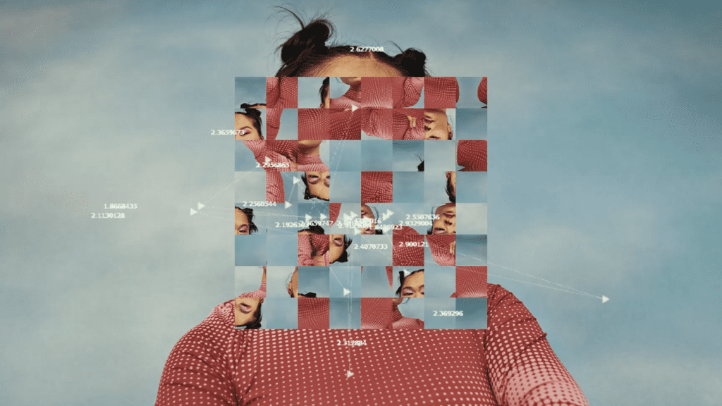 A man's face fragmented by a digital grid of shuffled image tiles and data points.