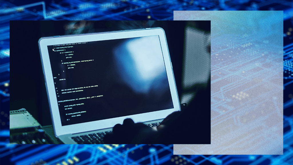 The image features a digital collage with two main elements. The first is a laptop with code on the screen.The second element showsblue circuit board background. These elements are overlaid against a textured backdrop in shades of blue and gray, suggesting a high-tech or digital concept.