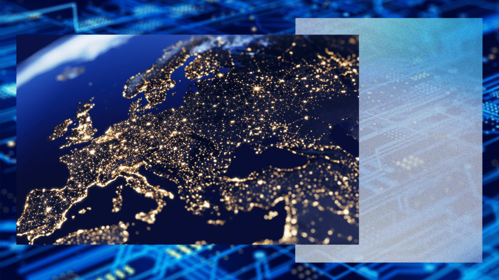 The image features a digital collage with two main elements. The first is a Satellite view of Europe at night with illuminated cities. The second element shows a blue-toned digital circuit pattern background.These elements are overlaid against a textured backdrop in shades of blue and gray, suggesting a high-tech or digital concept.