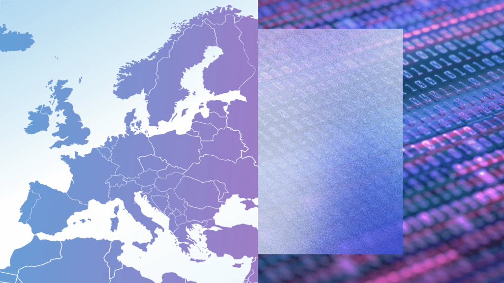 The image is divided into two halves. The left half shows a map of Europe with country borders outlined in white against a gradient blue and purple background. The right half features a close-up view of binary code (ones and zeros) displayed on a screen, with the numbers arranged in rows and columns, illuminated by blue and pink lighting.