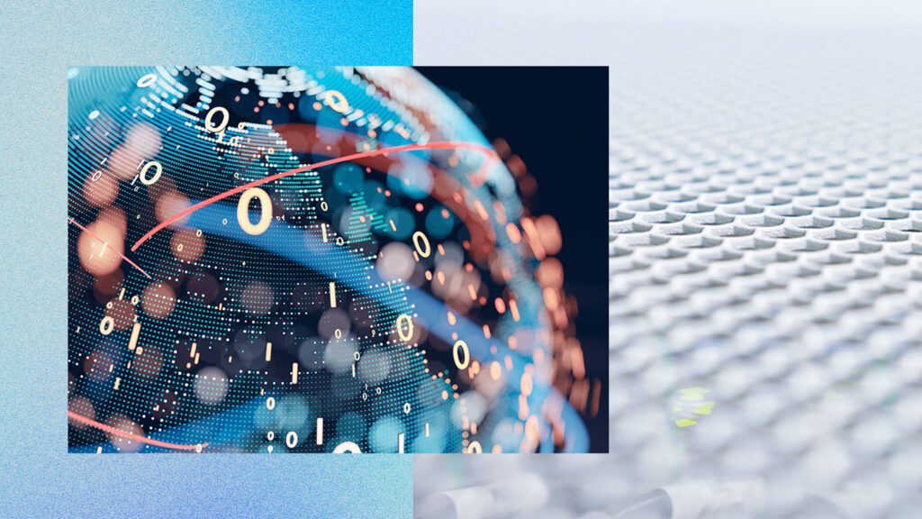 A digital representation of a globe with binary code (0s and 1s) and abstract lines, symbolizing global data exchange and technology. The background transitions from blue tones on the left to a textured white surface on the right.