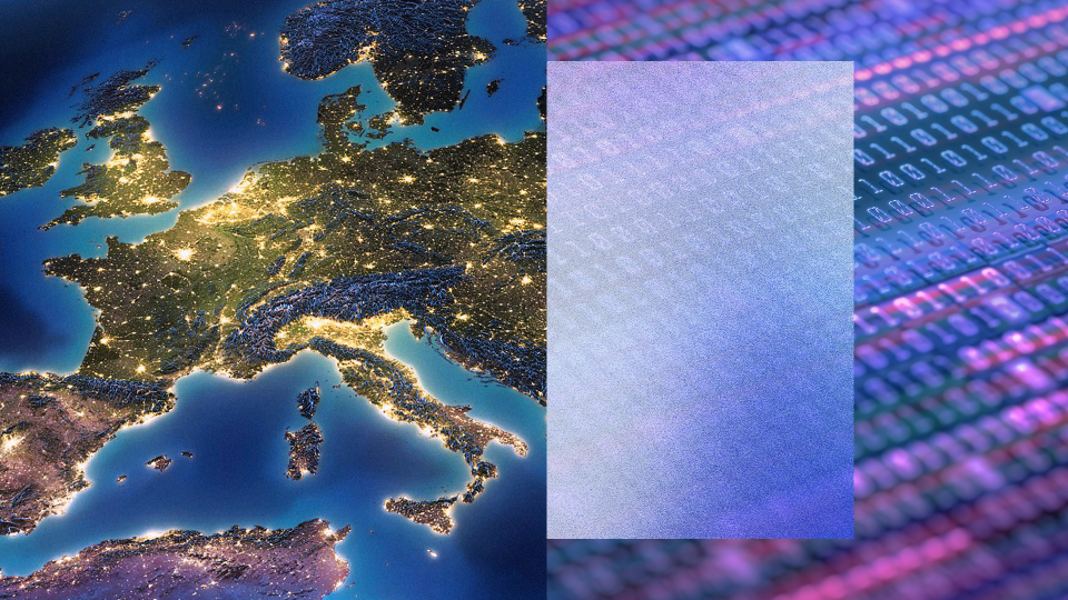 The image is divided into two halves.Composite image showing Europe at night with illuminated cities on the left against a gradient blue and purple background. The right half features a close-up view of binary code (ones and zeros) displayed on a screen, with the numbers arranged in rows and columns, illuminated by blue and pink lighting