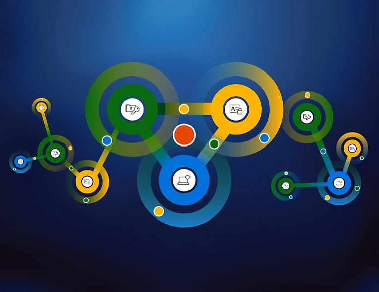 A colorful array of circles with various icons.